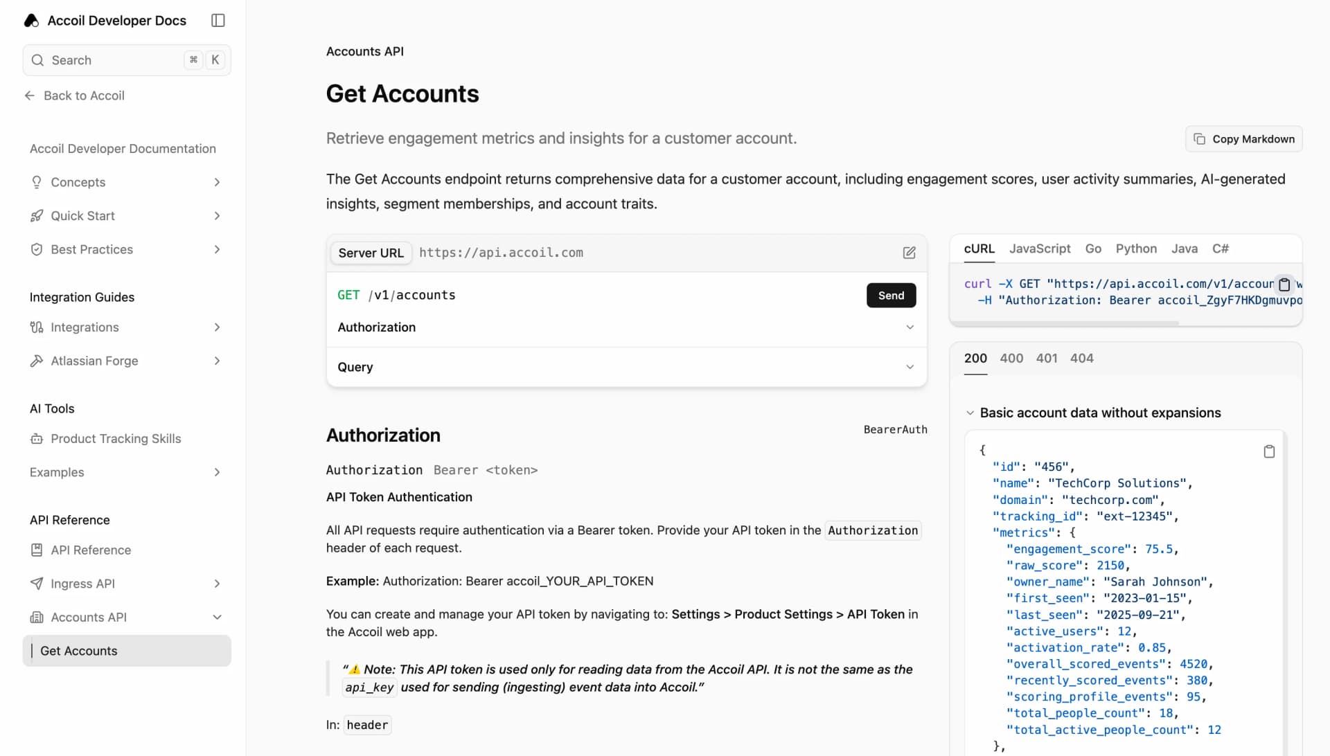 Accoil Developer Docs - Get Accounts API endpoint showing structured JSON response with engagement scores, user activity summaries, and curl examples